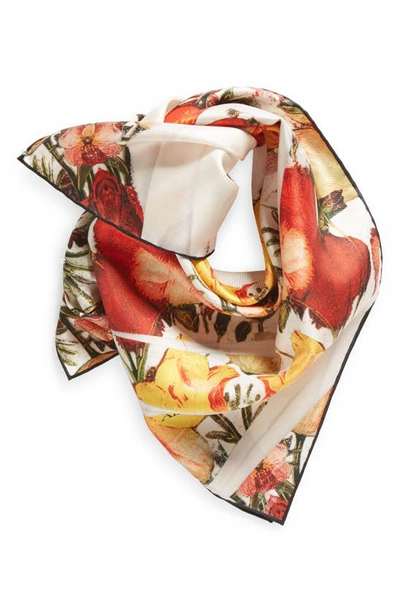 Shop Alexander Mcqueen Dutch Floral Print Silk Square Scarf In Ivory/ Red