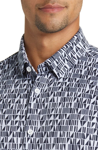 Shop Mizzen + Main Halyard Print Short Sleeve Performance Button-up Shirt In Navy Wood Cut Print
