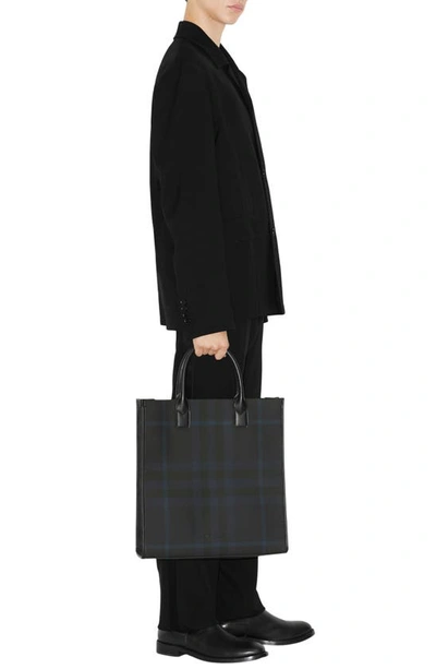 Shop Burberry Denny Check Coated Canvas Tote In Navy