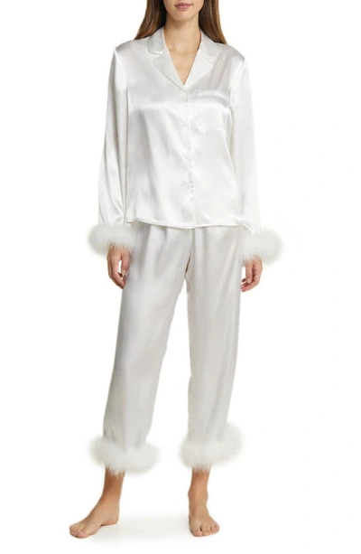Shop In Bloom By Jonquil Feather Trim Satin Pajamas In Ivory
