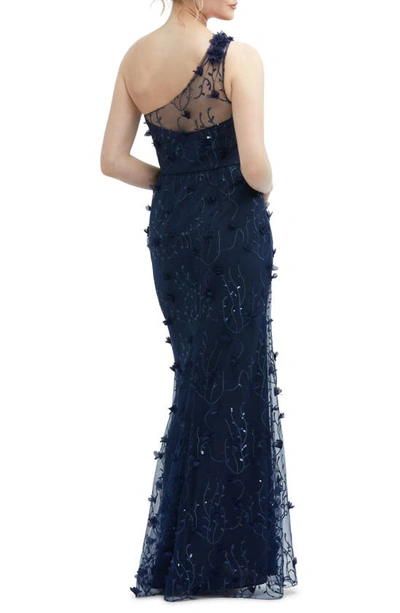 Dessy Collection One-shoulder Fit And Flare 3d Floral Embroidered Dress In Midnight