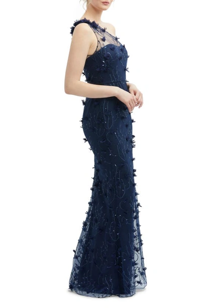Dessy Collection One-shoulder Fit And Flare 3d Floral Embroidered Dress In Midnight