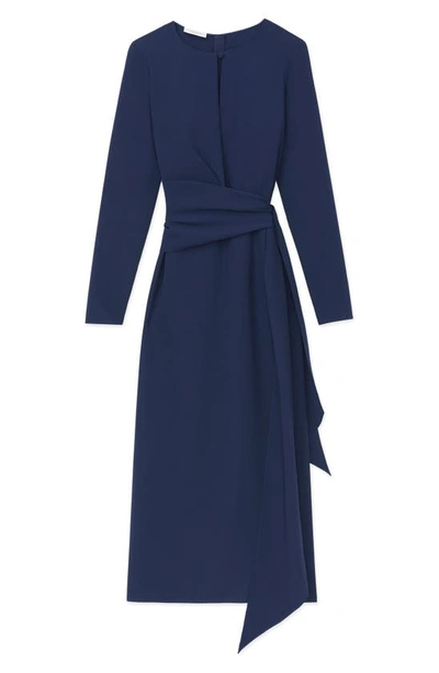 Shop Lafayette 148 Keyhole Long Sleeve Belted Crepe Dress In Midnight Blue