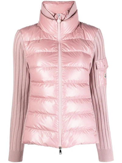 Shop Moncler Quilted Ribbed-knit Wool Cardigan In Open Pink
