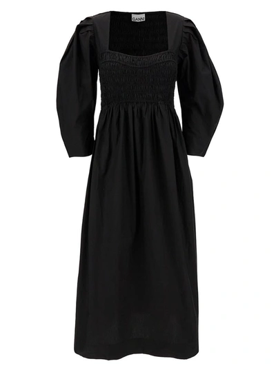 Shop Ganni Black Maxi Dress With Balloon Sleeves In Cotton Woman