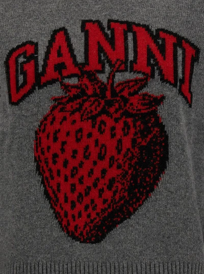 Shop Ganni Grey Sweater With Strawberry And Logo Motif In Wool Blend Woman