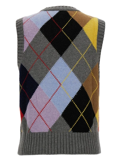 Shop Ganni Grey Vest With Check Motif And Logo Embroidery In Wool Blend Woman In Multicolor