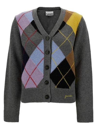 Shop Ganni Grey Knit Cardigan With Check Print In Wool Blend Woman In Multicolor