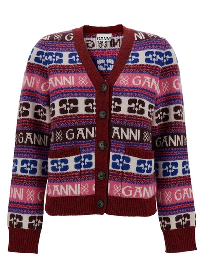 Shop Ganni Multicolor Cardigan With All-over Logo Motif In Wool Blend Woman