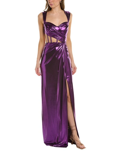 Shop Marchesa Notte Floral Embroidered Column Gown In Purple
