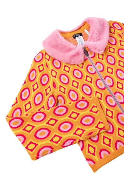 Shop Truce Kids Geo Jacquard Faux-fur Collar Jacket & Wide Leg Pants Set In Print