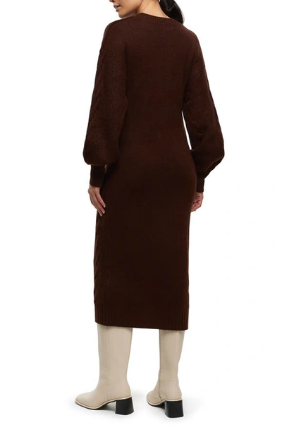 Shop River Island Cup Of Coco Cable Detail Long Sleeve Midi Sweater Dress In Brown