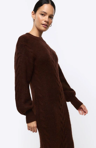 Shop River Island Cup Of Coco Cable Detail Long Sleeve Midi Sweater Dress In Brown
