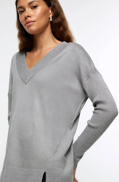 Shop River Island V-neck Sweater In Silver