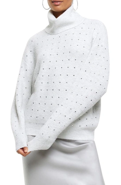 Shop River Island Rhinestone Embellished Turtleneck Sweater In Grey