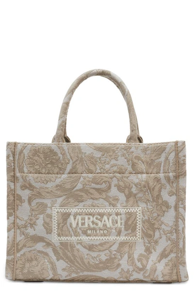 Shop Versace Large Jacquard Canvas Tote In Beige/  Gold