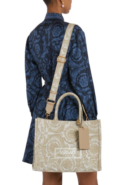 Shop Versace Large Jacquard Canvas Tote In Beige/  Gold