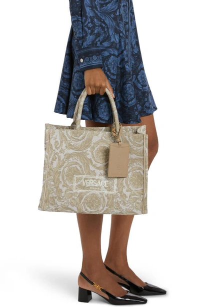 Versace Athena Large Jacquard Tote Bag In Beige/  Gold