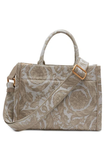 Shop Versace Large Jacquard Canvas Tote In Beige/  Gold