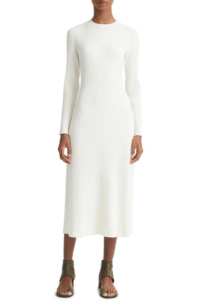 Shop Vince Crewneck Long Sleeve Rib Midi Dress In Off White