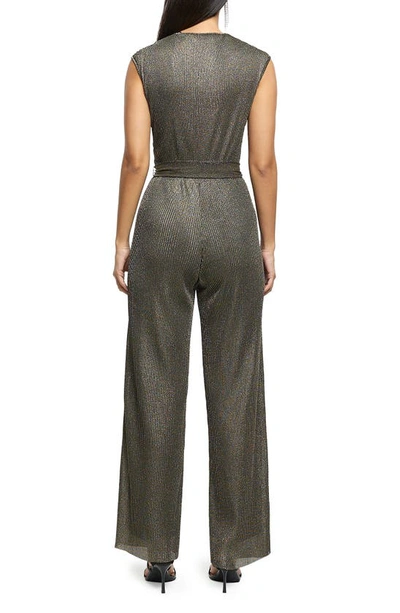 Shop River Island Metallic Straight Leg Plissé Jumpsuit In Bronze