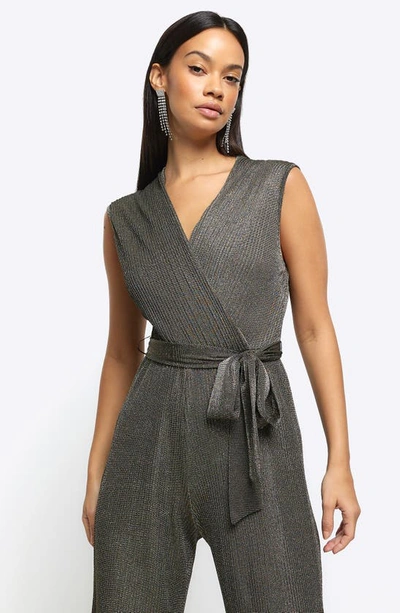 Shop River Island Metallic Straight Leg Plissé Jumpsuit In Bronze