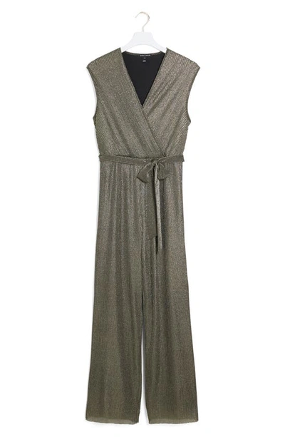 Shop River Island Metallic Straight Leg Plissé Jumpsuit In Bronze