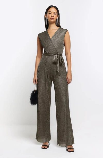 Shop River Island Metallic Straight Leg Plissé Jumpsuit In Bronze