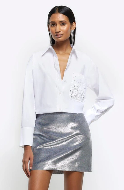 Shop River Island Metallic Miniskirt In Silver