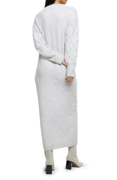 Shop River Island Leonie Rhinestone Embellished Long Sleeve Midi Sweater Dress In Grey