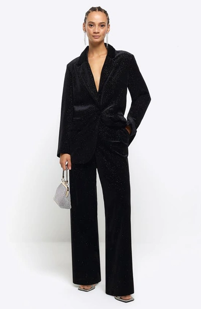River Island Sparkle Slim Fit Velvet Trousers In Black