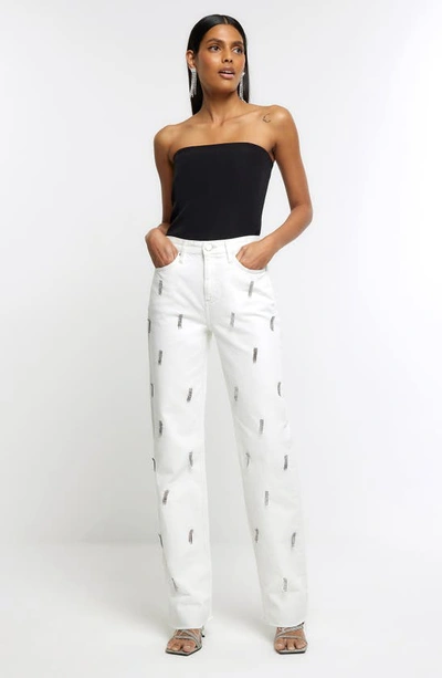 Shop River Island High Waist Embellished Stove Pipe Jeans In White