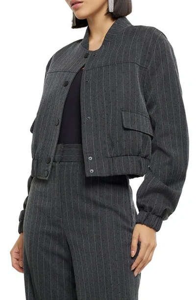 Shop River Island Heat Seal Pinstripe Bomber Jacket In Grey