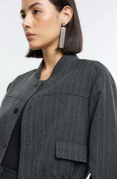 Shop River Island Heat Seal Pinstripe Bomber Jacket In Grey