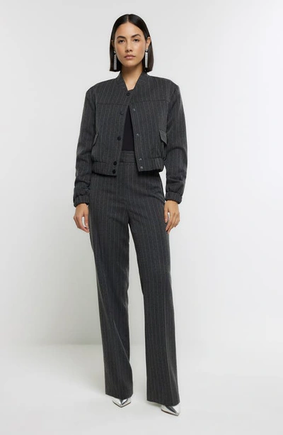 River Island Heat Seal Pinstripe Bomber Jacket In Grey