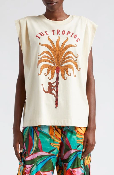 Shop Farm Rio The Tropics Cotton Graphic Muscle T-shirt In Sand