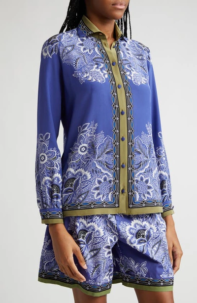 Shop Etro Floral Silk Crêpe De Chine Button-up Shirt In Print On Blue Base