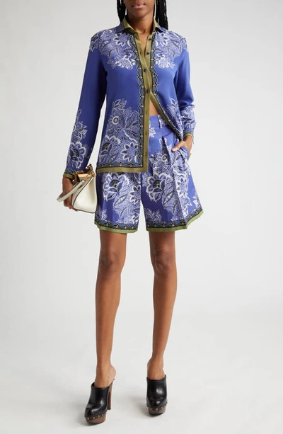 Shop Etro Pleated Floral High Waist Cotton Shorts In Print On Blue Base