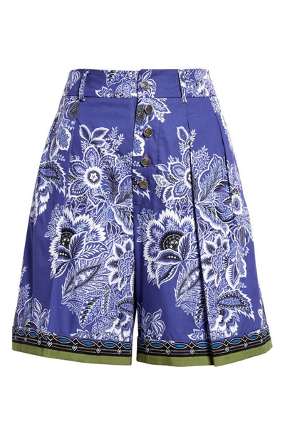 Shop Etro Pleated Floral High Waist Cotton Shorts In Print On Blue Base