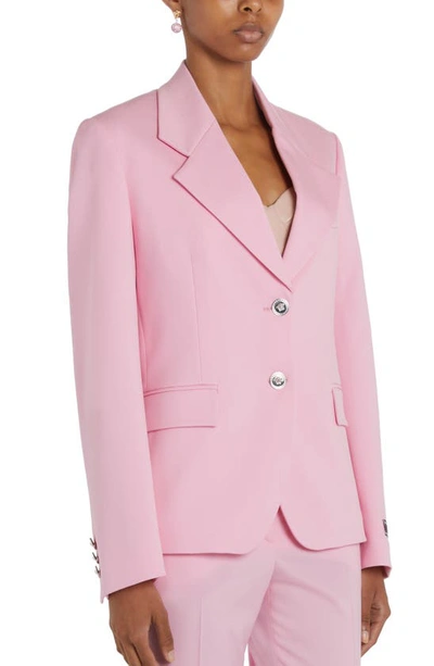 Shop Versace Medusa Single Breasted Stretch Virgin Wool Blazer In Light Pink