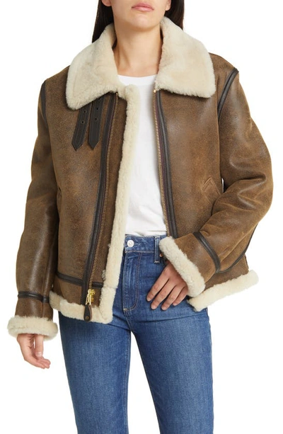 Schott Nyc Genuine Shearling & Leather Bomber Jacket In Brown