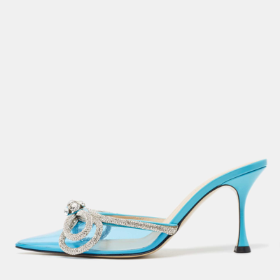Pre-owned Mach&mach Blue Pvc Crystal Embellished Double Bow Mules Size 39