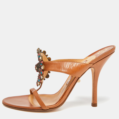 Pre-owned Gina Tan Leather Crystal Embellished Slide Sandals Size 38.5