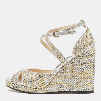Pre-owned Jimmy Choo Multicolor Leather And Woven Wedge Ankle Strap Sandals Size 40 In Metallic