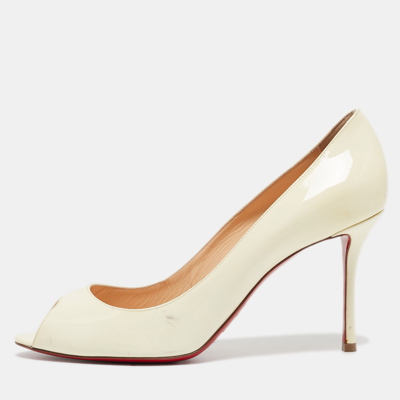Pre-owned Christian Louboutin White Patent Leather Flo Peep Toe Pumps Size 40.5