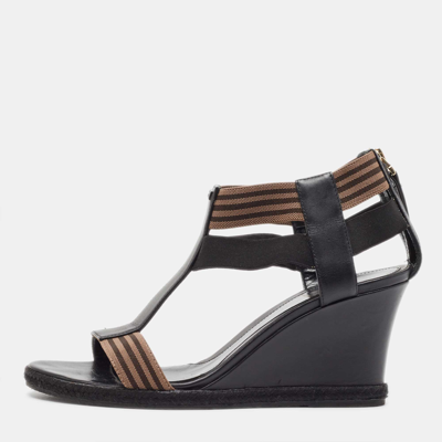 Pre-owned Fendi Black/brown Leather And Elastic Fabric T-strap Espadrille Wedge Sandals Size 38