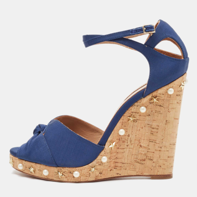 Pre-owned Aquazzura Blue Grosgrain Embellished Harlow Wedge Sandals Size 41