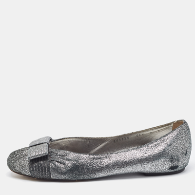 Pre-owned Ferragamo Metallic Silver Suede Bow Ballet Flats Size 39.5