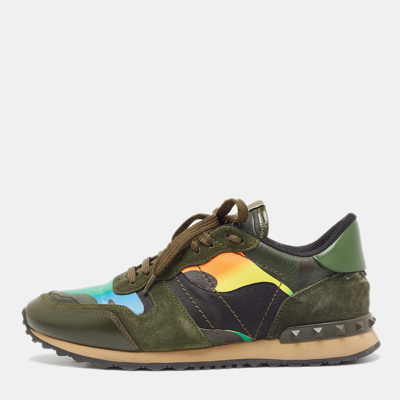 Pre-owned Valentino Garavani Multicolor Camo Print Leather And Suede Rockrunner Trainers Size 41