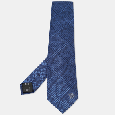 Pre-owned Versace Blue Diagonal Check Patterned Silk Tie